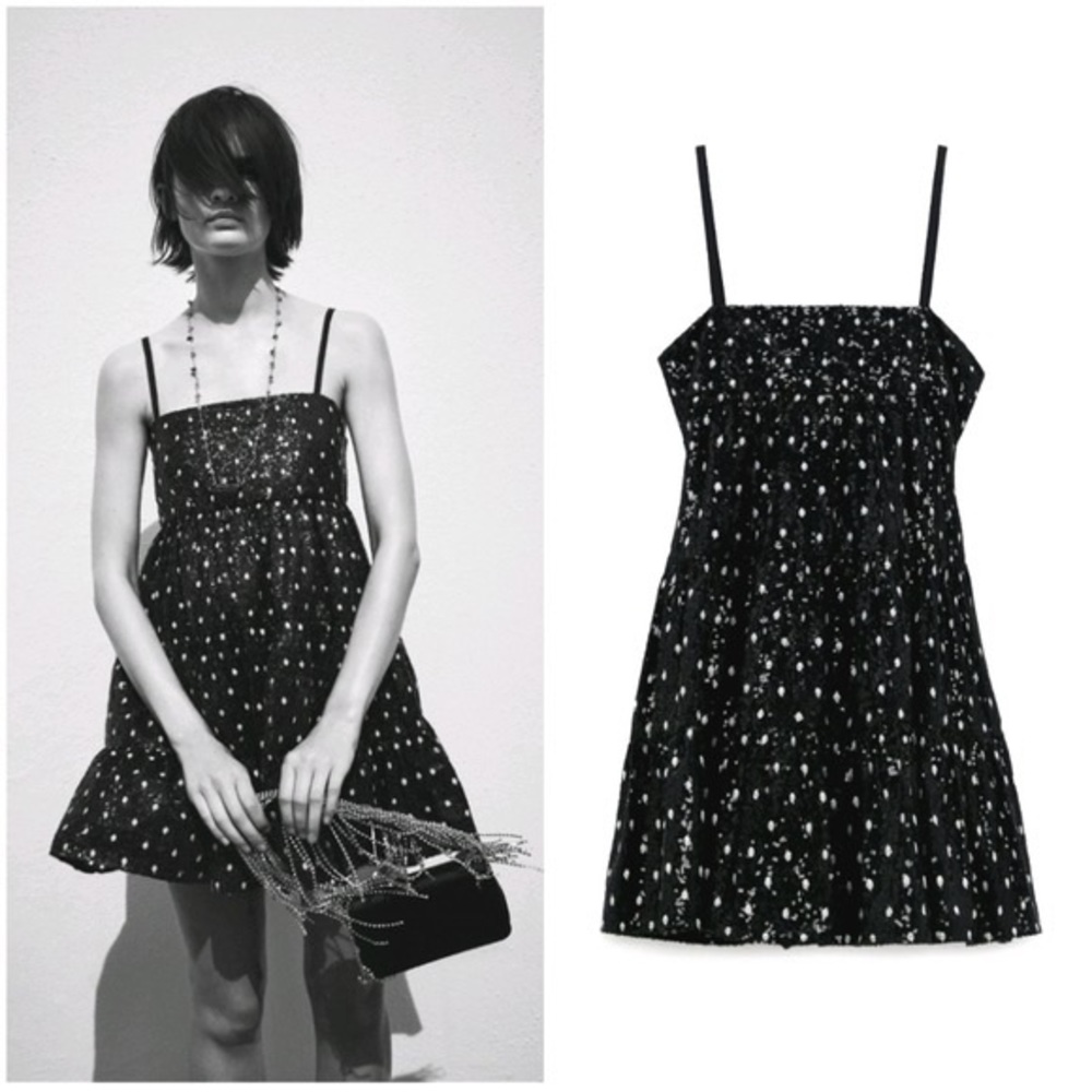 Zara Sequin Black and White Polka Dot Dress XS